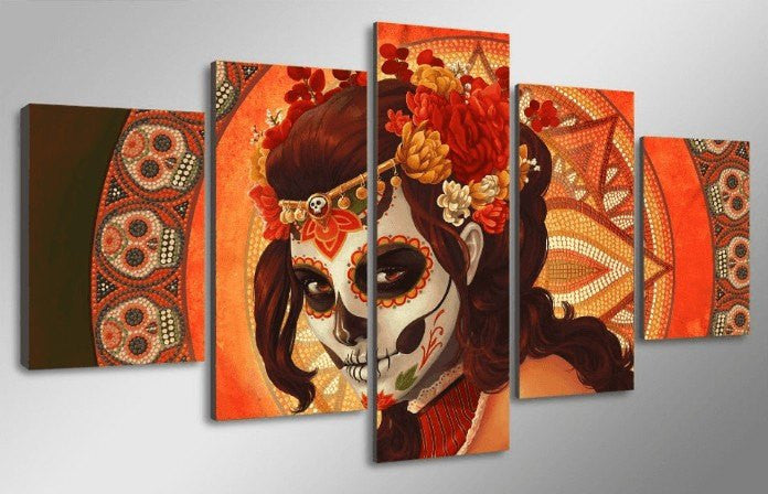 5 Panel Day Of The Dead Face Framed Wall Canvas | Octo Treasures