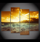 4 Panel Framed Golden Sunset Beach Wave Wall Canvas Art | Octo Treasures