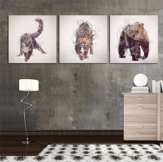 3 Pieces Multi Panel Framed Brown Mountain Lion, Bear, And Jaguar Animals Group Wall Canvas Art | Octo Treasures