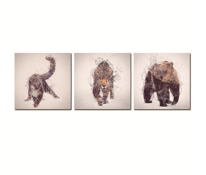 3 Pieces Multi Panel Framed Brown Mountain Lion, Bear, And Jaguar Animals Group Wall Canvas Art | Octo Treasures