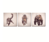 3 Pieces Multi Panel Framed Brown Mountain Lion, Bear, And Jaguar Animals Group Wall Canvas Art | Octo Treasures