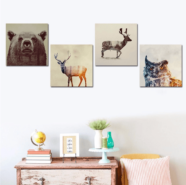 4 Panel Retro Woodland Animals Group Framed Wall Canvas | Octo Treasures