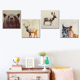 4 Panel Retro Woodland Animals Group Framed Wall Canvas | Octo Treasures