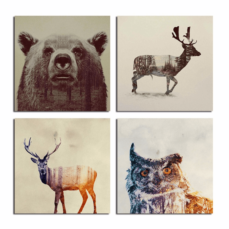 4 Panel Retro Woodland Animals Group Framed Wall Canvas | Octo Treasures