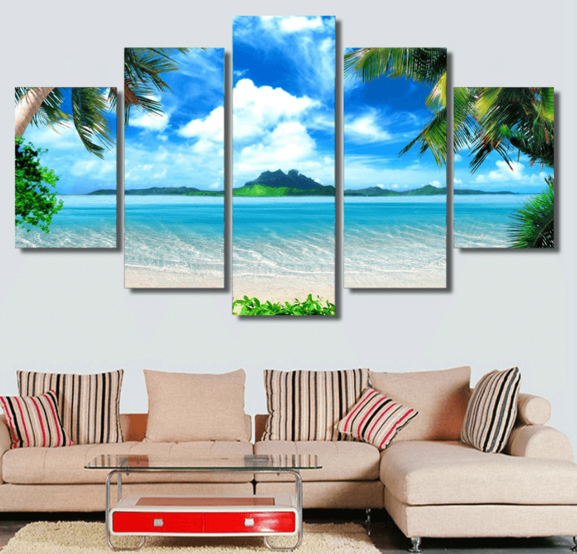 5 Pieces Multi Panel Modern Home Decor Framed Tropical Beach Palm Trees Wall Canvas Art | Octo Treasures