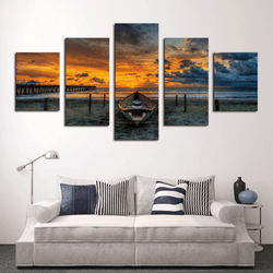 5 Panel Sunset Boat Seascape Framed Wall Canvas Art | Octo Treasures