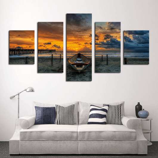 5 Panel Sunset Boat Seascape Framed Wall Canvas Art | Octo Treasures