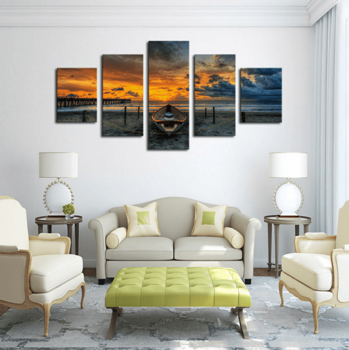 5 Panel Sunset Boat Seascape Framed Wall Canvas Art | Octo Treasures