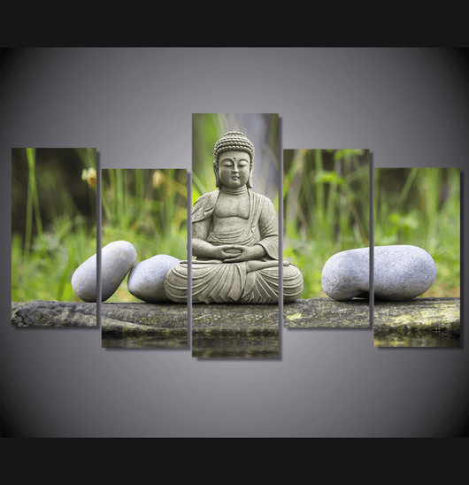 5 Pieces Multi Panel Modern Home Decor Framed Stone Buddha Statue Wall Canvas Art | Octo Treasures