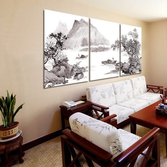 Framed 3 Panel Black and White Traditional Chinese Landscape | Octo Treasures