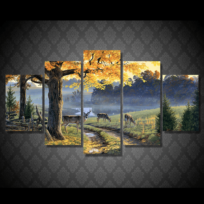 5 Panel Autumn Lake Wild Deer Framed Animal Wall Canvas | Octo Treasures