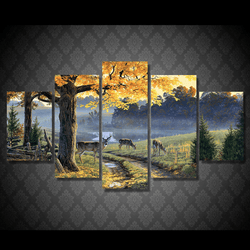 5 Panel Autumn Lake Wild Deer Framed Animal Wall Canvas | Octo Treasures