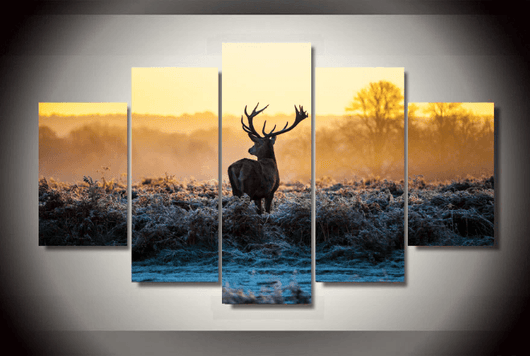 5 Panel Sunset Deer Framed Animal Wall Canvas Art | Octo Treasures