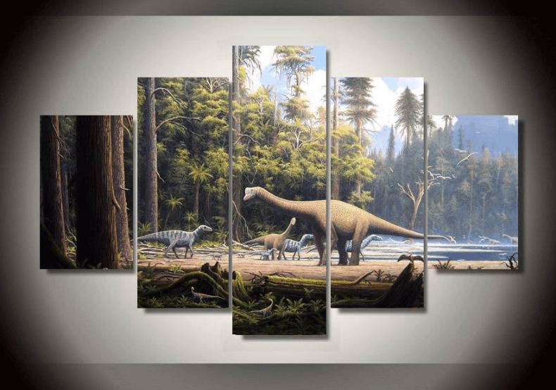 5 Pieces Multi Panel Modern Home Decor Framed Prehistoric Dinosaur Wall Canvas Art | Octo Treasures