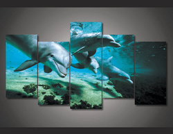 5 Pieces Multi Panel Modern Home Decor Framed Dolphins Animal Wall Canvas Art | Octo Treasures