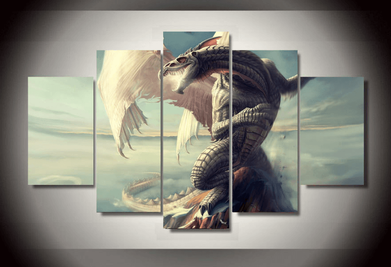 5 Pieces Multi Panel Modern Home Decor Framed Dragon Wall Canvas Art | Octo Treasures