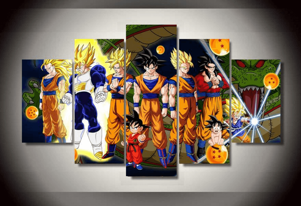 Dragon Ball Z Super Saiyan Goku 5 Panel Framed Wall Canvas Art | Octo Treasures
