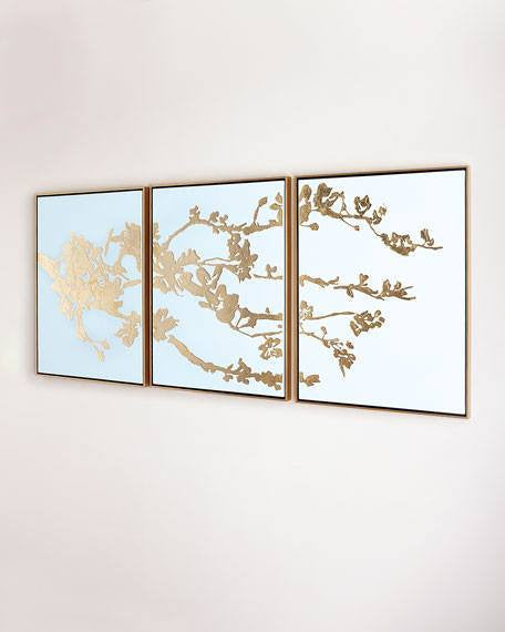 "Blossoming in Gold" Painting 3 Panel Framed Wall Canvas | Octo Treasures