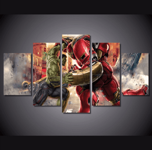 5 Piece Multi Panel Modern Home Decor Framed Hulkbuster Vs Hulk Marvel Comics Wall Canvas Art | Octo Treasures