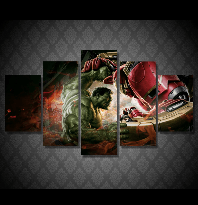 5 Piece Multi Panel Modern Home Decor Framed Hulk Vs Iron Man Marvel Comics Wall Canvas Art | Octo Treasures