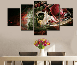 5 Piece Multi Panel Modern Home Decor Framed Hulk Vs Iron Man Marvel Comics Wall Canvas Art | Octo Treasures