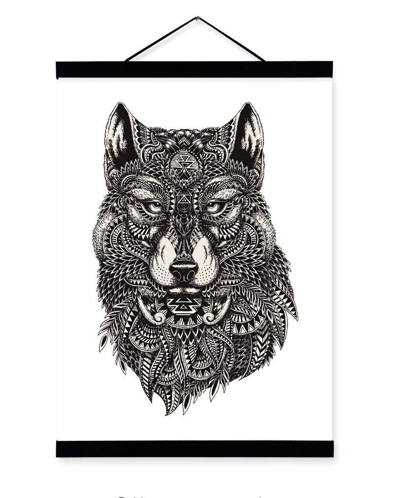 Modern Black White Abstract Wolf Framed Canvas | Octo Treasures