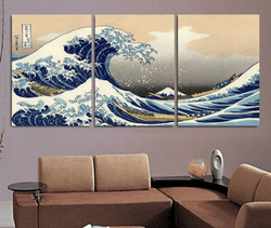 Great Wave Off Kanagawa Japan 3 Panel Wall Canvas Art | Octo Treasures