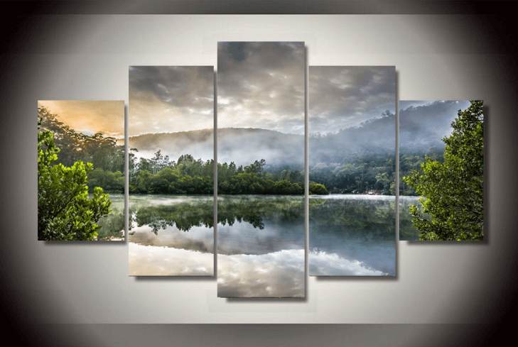 5 Pieces Multi Panel Modern Home Decor Framed Morning Fog Lake Scenery Wall Canvas Art | Octo Treasures