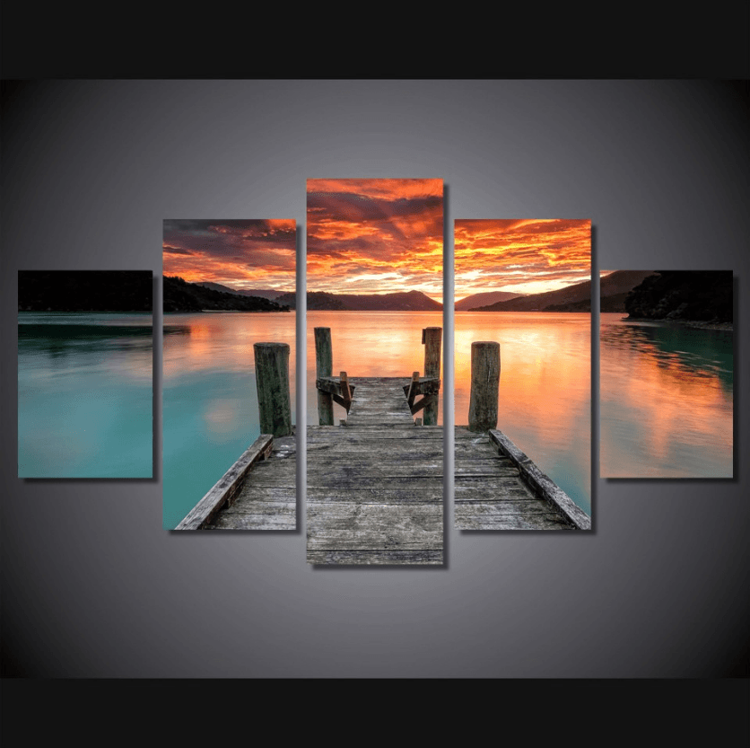 5 Panel Lake Sunset Landscape Framed Wall Canvas Art | Octo Treasures