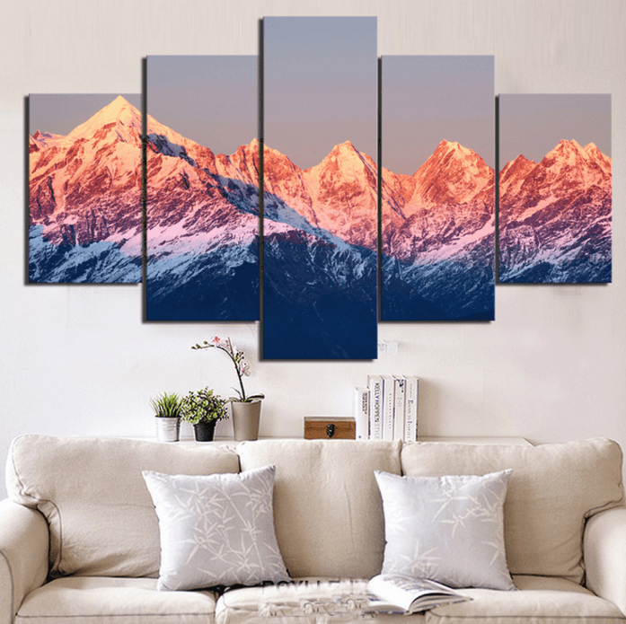 5 Panel Framed Sunset Mountain Landscape Wall Canvas Art | Octo Treasures