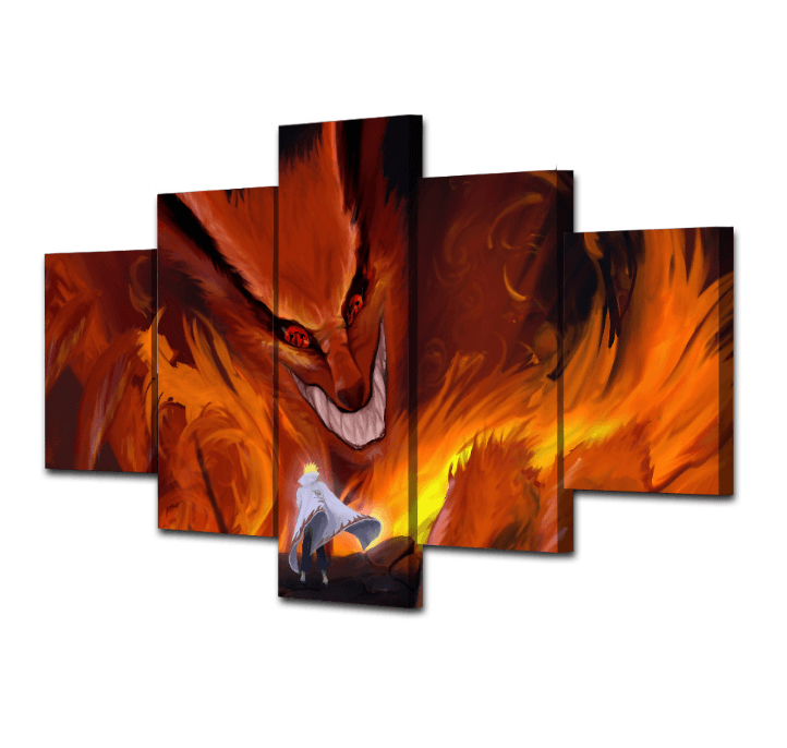 5 Panel Minato vs Nine Tails Fox Naruto Anime Framed Wall Canvas | Octo Treasures