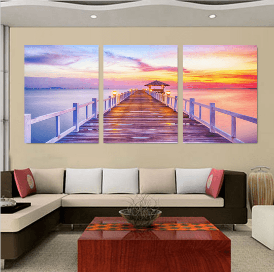 3 Panel Ocean Bridge View Nature Scenery Framed Wall Canvas | Octo Treasures