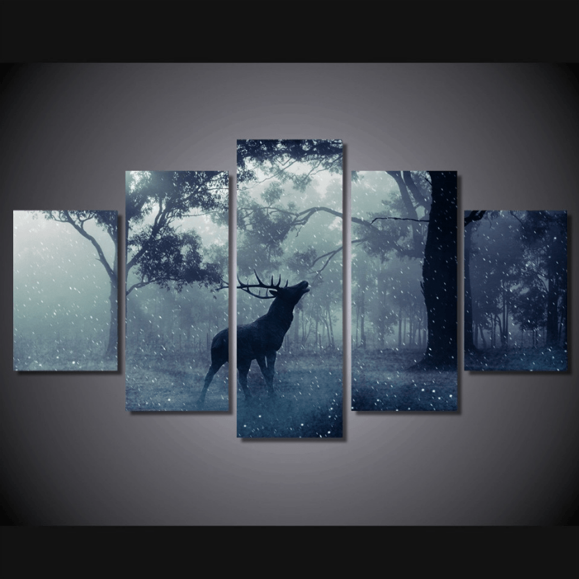 5 Panel Winter Rain Deer Framed Wall Canvas Art | Octo Treasures