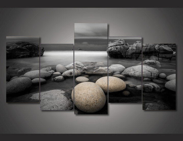5 Panel Beach Pebbles Rock Landscape Framed Wall Canvas | Octo Treasures