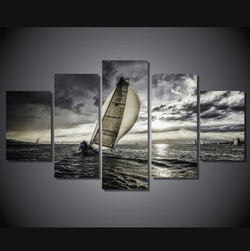 5 Pieces Multi Panel Modern Home Decor Framed Sunset Sailboat Seascape Wall Canvas Art | Octo Treasures