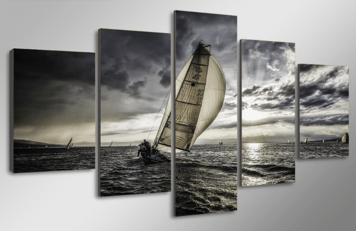 5 Pieces Multi Panel Modern Home Decor Framed Sunset Sailboat Seascape Wall Canvas Art | Octo Treasures
