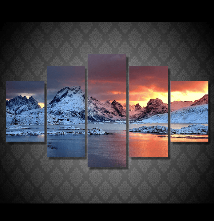 5 Panel Iceland Sunset Landscape Framed Wall Canvas Art | Octo Treasures