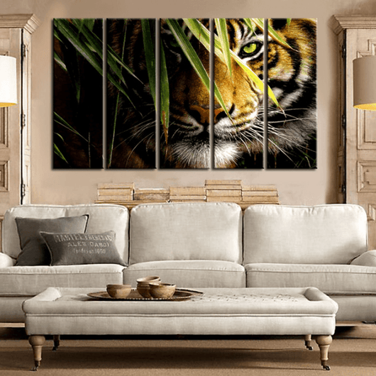 5 Panel Jungle Tiger Framed Modern Wall Canvas Art | Octo Treasures