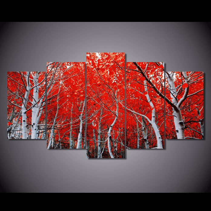 5 Panel Red Autumn Maple Tree Framed Wall Canvas Art | Octo Treasures