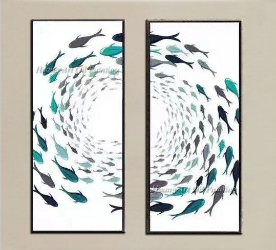 2 Panel Simple Fish School Oil Painting Unframed Modern Wall Canvas | Octo Treasures