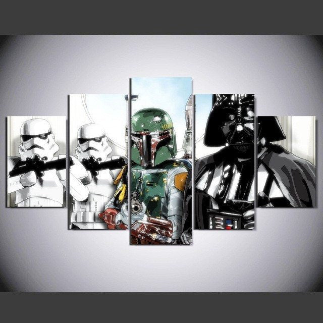 5 Panel Framed Darth Vader Bobba Storm Troopers Star Wars Wall Canvas | Octo Treasures