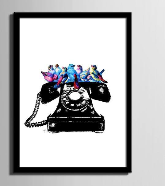 1 Panel Birds on The Phone Framed Wall Canvas Art | Octo Treasures