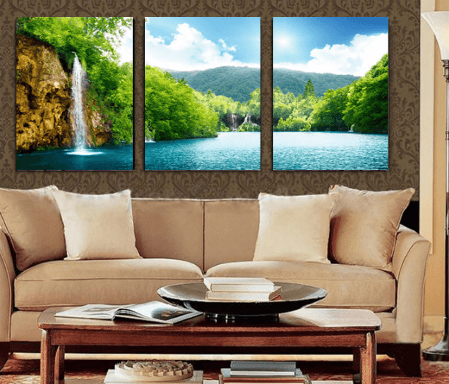 3 Panel Lake Waterfall Nature Landscape Framed Wall Canvas | Octo Treasures