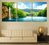 3 Panel Lake Waterfall Nature Landscape Framed Wall Canvas | Octo Treasures