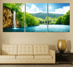 3 Panel Lake Waterfall Nature Landscape Framed Wall Canvas | Octo Treasures