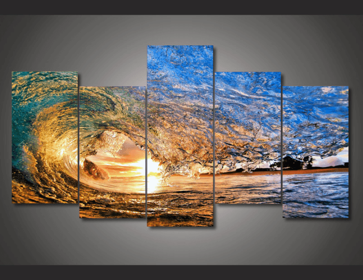 5 Pieces Multi Panel Modern Home Decor Framed Sunset Ocean Wave Wall Canvas Art | Octo Treasures