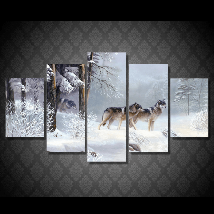 5 Panel Winter Gray Wolves Framed Animal Wall Canvas | Octo Treasures