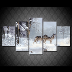 5 Panel Winter Gray Wolves Framed Animal Wall Canvas | Octo Treasures