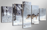 5 Panel Winter Gray Wolves Framed Animal Wall Canvas | Octo Treasures