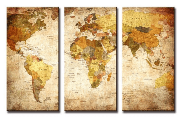 3 Pieces Multi Panel Modern Home Decor Framed Retro World Map Wall Canvas Art | Octo Treasures